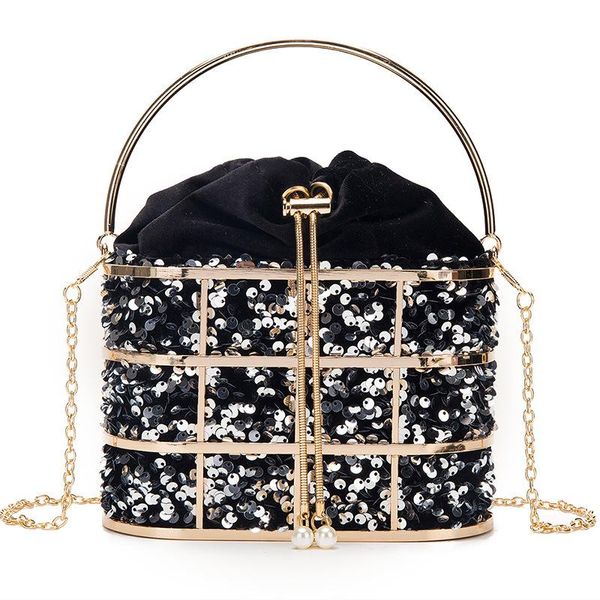 

velvet metal cage evening clutch bag for women 2021 handbags and purses luxury sequins chain bucket bridal wedding party bag