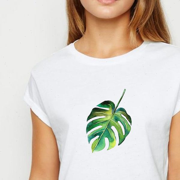 

leaves and cactus tshirt harajuku spring summer ropa mujer t shirt women trendy recreational tee shirt round collar t shirts, White