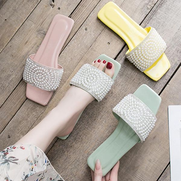 

slippers string bead korean pu flat woman slip on summer flip flops beach shoes women antiskid open toe pearl slides female 2021, Black