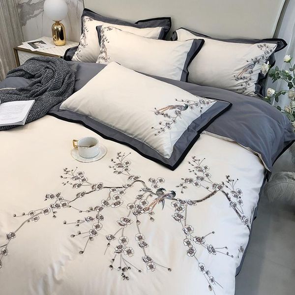 

bedding sets white flower bird embroidered set 100s egyptian cotton silky soft double size bed sheet pillowcase duvet cover 4pcs