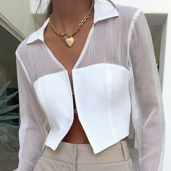 

women's t-shirt simple lapel hook and button cardigan splicing spring summer perspective scheming pure color short shirt, White