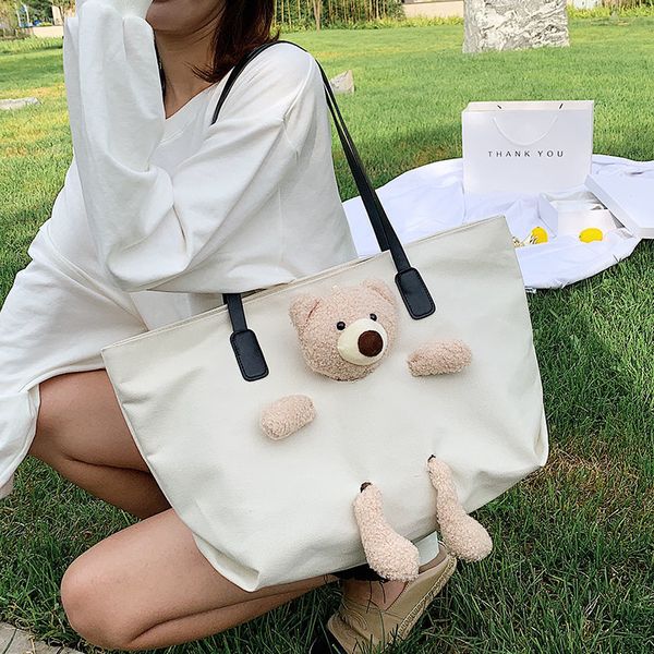 

shopping student canvas big bag female 2021 new trendy fashion trending bear messenger bag versatile large capacity shopping bag