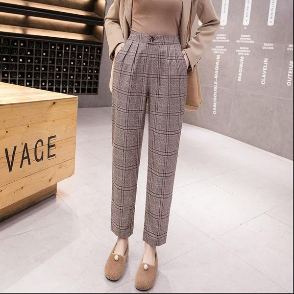 

spring high waist plaid harlem pants women 2020 winter new retro elastic waist pants loose straight pants for autumn, Black;white