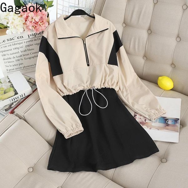 

women's tracksuits gagaok women preppy style two piece set spring autumn solid turn-down collar zip casual harajuku female fashion kore, Gray