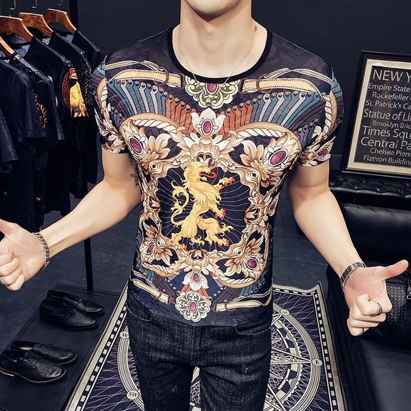 

black fantasy stretched ice silk t-shirts of thin men extravagant fitting baroque printed see through the fashionable streetwear club 670h, White;black