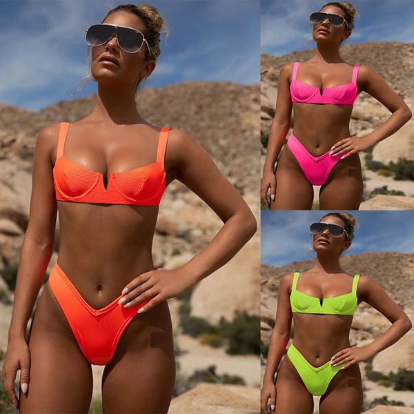 

fluorescence green biquini two piece swimsuit women new solid underwire bikini set swimwear female swimming suit beach wear