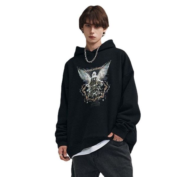 

men's hoodies & sweatshirts star actual shooting models autumn and winter american retro high street dark angel print oversize hooded p, Black