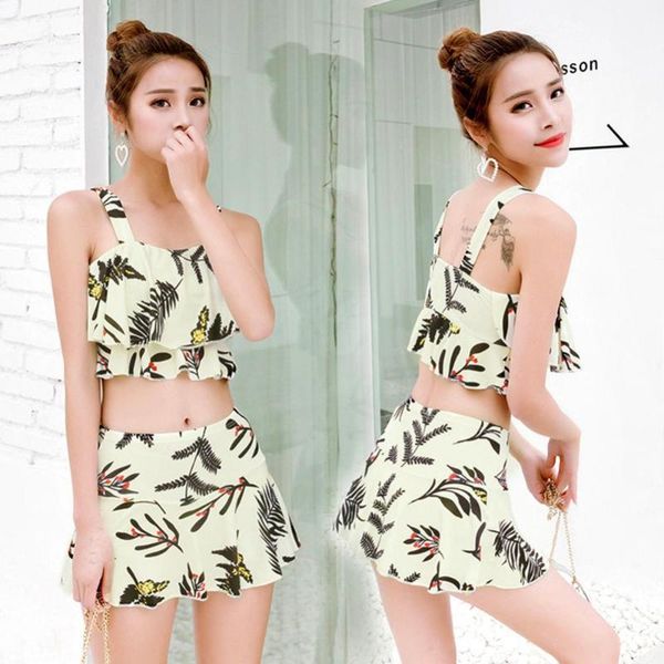 

women's swimwear women leaf print ruffled hem crop camisole mini skirt bikini set, White;black