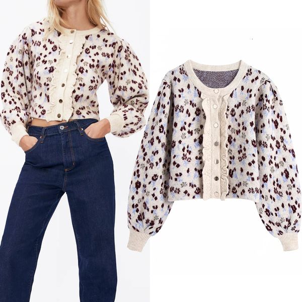 

Top 2021 New Women Autumn Winter Vintage Floral Jacquard Long Puff Sleeve Cropped Knitted Cute Woman Cardigan Sweater Q57e L7NT, White;black