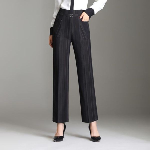 

women's pants & capris fashion spring autumn striped straight women plus size ealstic waist pocket casual high sy50904, Black;white