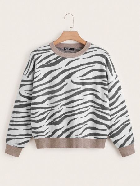

plus zebra stripe drop shoulder sweater l7yq#, Black