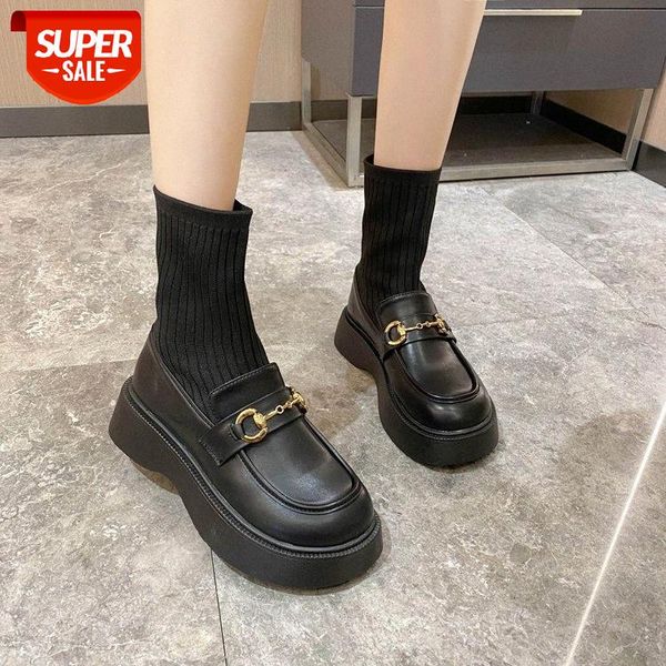 

thin socks boots women's autumn and winter metal buckle black fashion short middle tube british style martin women #cj77
