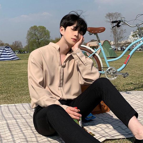 

men's casual shirts autumn korean loose v-neck long sleeve fashion pullover blouse for male 2021, White;black