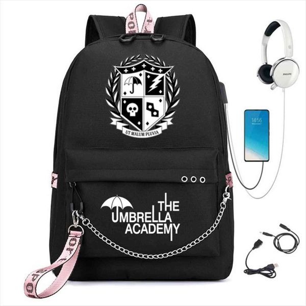 

the umbrella academy usb backpack women men teenager school bag travel rucksack large mochila escolar with chain