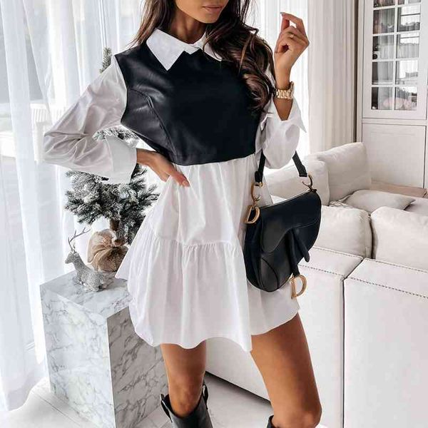 

casual dresses women faux leather patchwork turm down collar shirt spring long sleeve plaid chic a line office vestidos f5h8, Black;gray