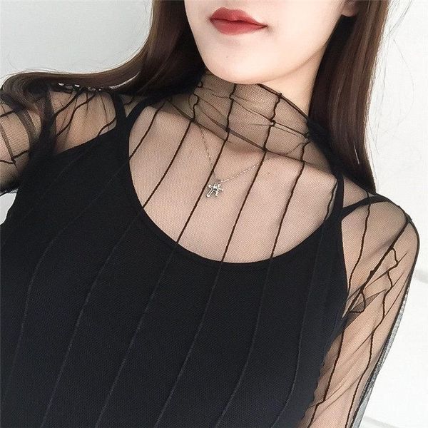 

women's t-shirt 2021 fishnet women see-through t shirt long sleeve turtleneck transparent tees streetwear fashion party street styl, White