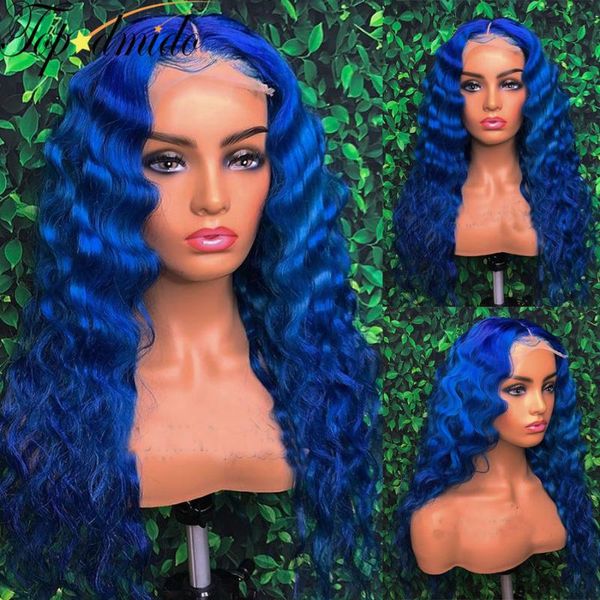 

lace wigs dmido ombre blue color 13x6 front peruvian remy hair human pre plucked body wave glueless, Black;brown