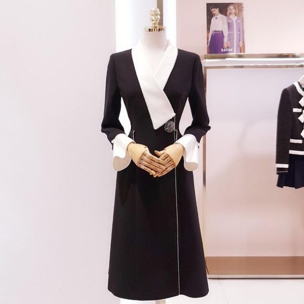 

casual dresses [ewq] korea chic autumn trendy women v-neck contrast stitching simple and fashionable lantern sleeve dress 2021 16e2301, Black;gray