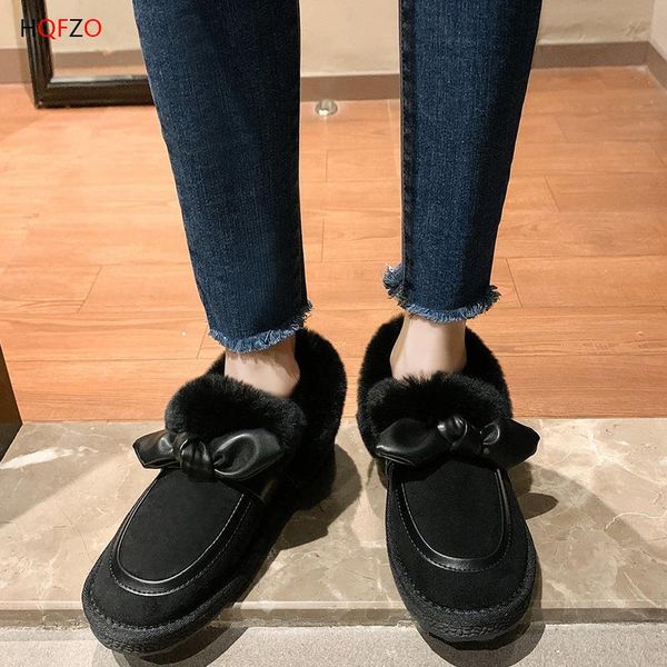 

boots hofzo women snow flats outdoor bowknot botas flock winter shoes casual thick bottom warm comfortable moccasins footwear, Black