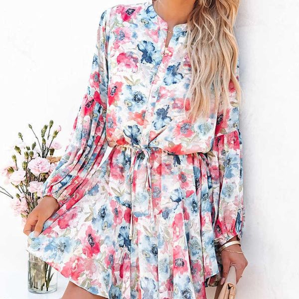 

2021 autumn new temperament fashion print v-neck waist dress women, White