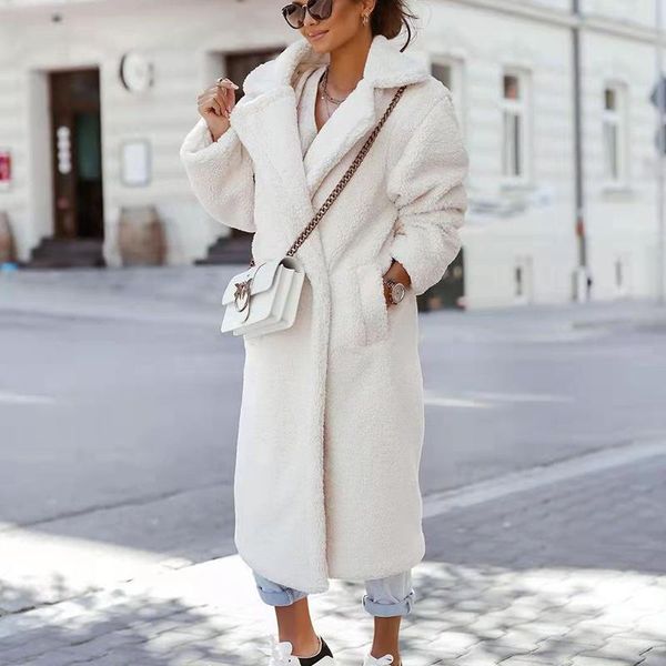 

women's wool & blends autumn winter shaggy long overcoat fashion sleeve pockets cardigan elegant singlebreasted thick women solid oute, Black