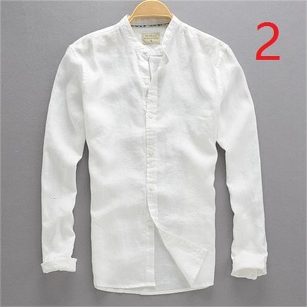 

New 2021 Spring and Autumn Small Stand Collar Shirt Men's Slim Long Sleeves Solid Color Round Neck Cotton Linen Casual Whit 8QRC, White;black