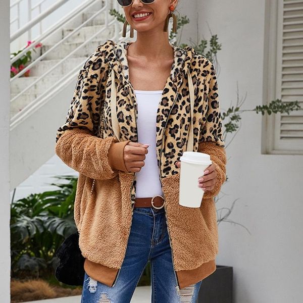 

women winter long sleeve hoodies jacket leopard patchwork fuzzy plush sweatshirt cardigan front zip up loose outwear coat, Black;brown