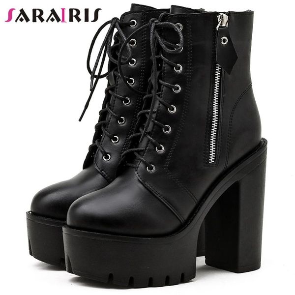

boots sarairis brand female balck platform zipper lace up motorcycle women cool stylish casual quality shoes woman, Black