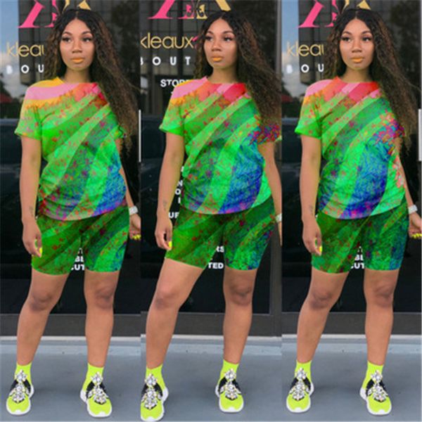

tie dye women tracksuits fashion trend summer short sleeve shorts two piece sets designer female loose casual round neck 2pcs suits, Gray