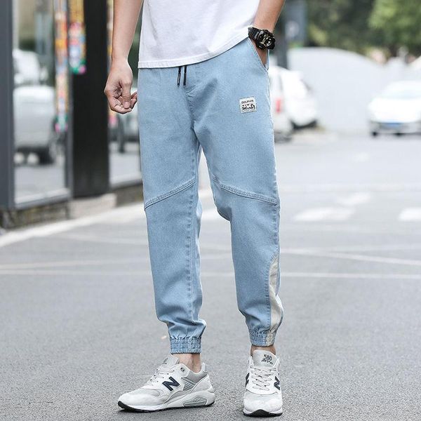 

men's pants breathable fashion loose elastic waist casual stitching solid color mid-waist jeans, Black