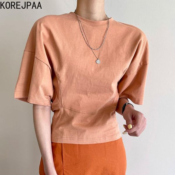 

women's t-shirt korejpaa women 2021 summer korean chic age-reducing candy color design round neck thin waist five-point sleeve pullover, White