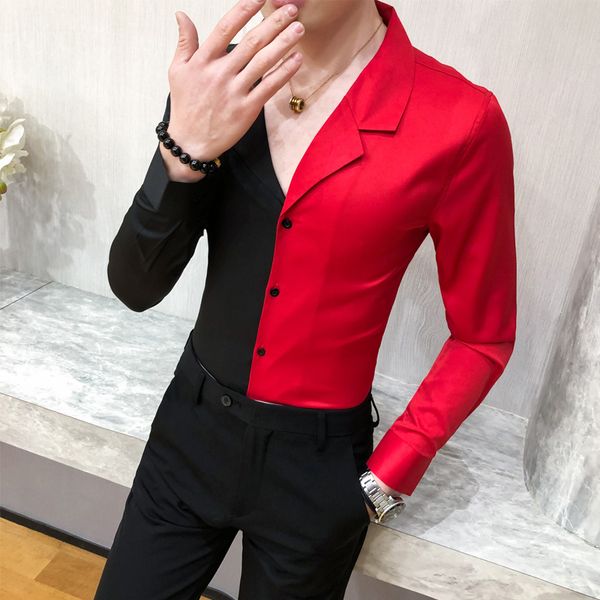 

korean style mens long sleeve shirt black red splicing casual shirts slim fit night club party bar ktv personality shirt spring
