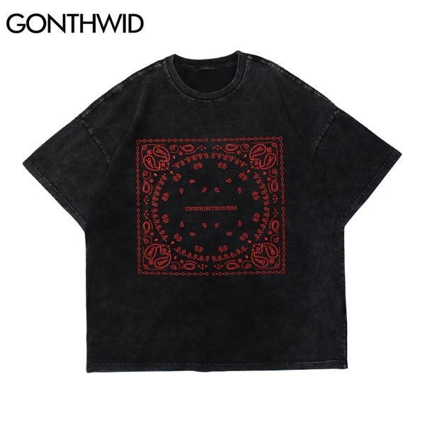 T-Shirt Hip Hop Casual Streetwear Männer Gothic Bandana Paisley Muster Kurzarm T-Shirts Baumwolle Harajuku Distressed Tops 210602