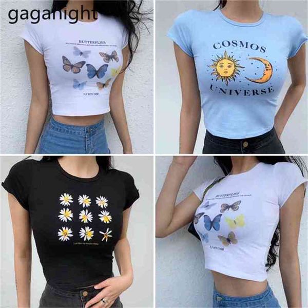 Sommer Schmetterling Daisy Gedruckt Baumwolle T-Shirt Frauen Nette Schwarz Weiß Crop Top T Damen Kurze Tops T 210601