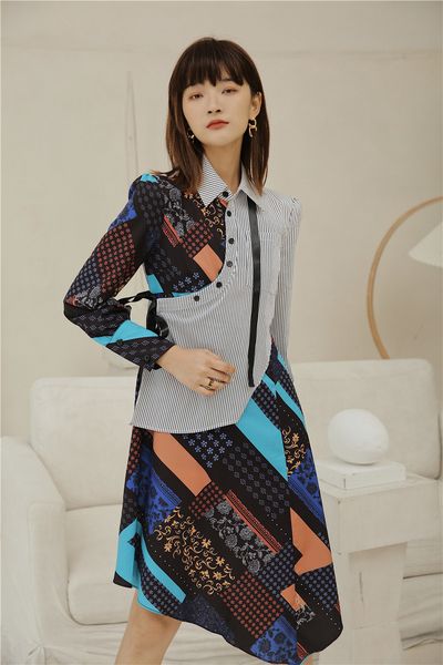 

2021 new autumn long sleeve patchwork asymmetrical shirt floral print fall women clothing qzpn, Black;gray