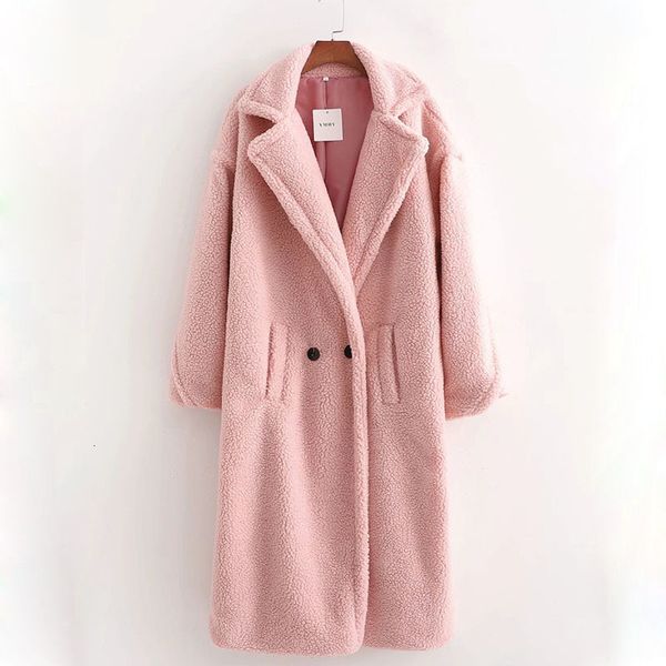 

women winter coats teddy feamle warm jackets faux fur casual loose solid oversize long jacket vintage plus size outwear ll215 axpm, Black