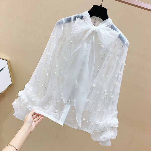 

spring sweet bow solid beading full chiffon shirts women blouse 210615, White