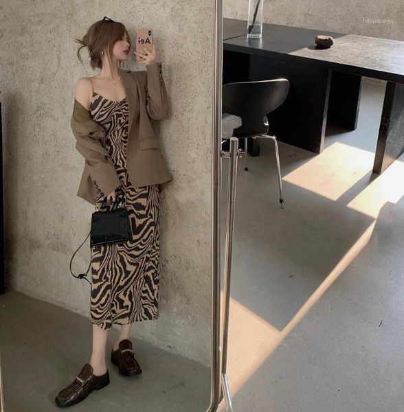 

women's tracksuits autumn and winter korean style loose suit jacket + retro sling dress two-piece, Gray