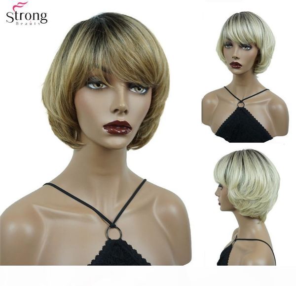 

strongbeauty women ombre blonde light brown short wigs hair synthetic wig natura, Black