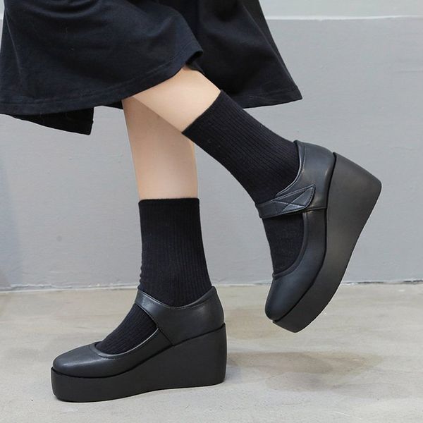 

2020 autumn spring women wedges mary janes shoes black high heels platform pumps chunky ladies shoe mujer lolita 8703n, Black;white