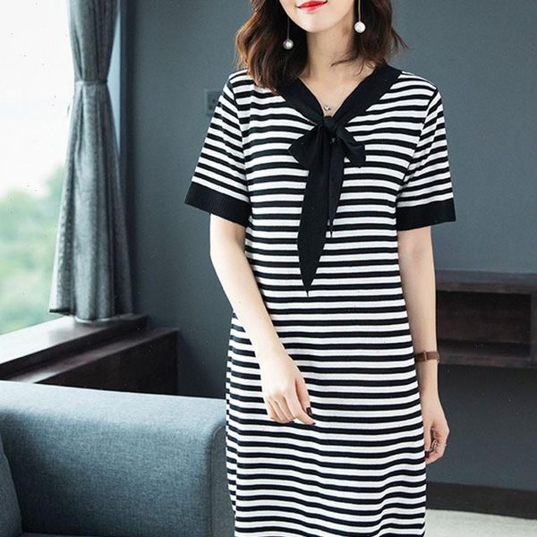 

vintage stripe midi dress women summer 50s bow collar elegant office casual stylish goth ladies retro rockabilly dresses j30, Black;gray
