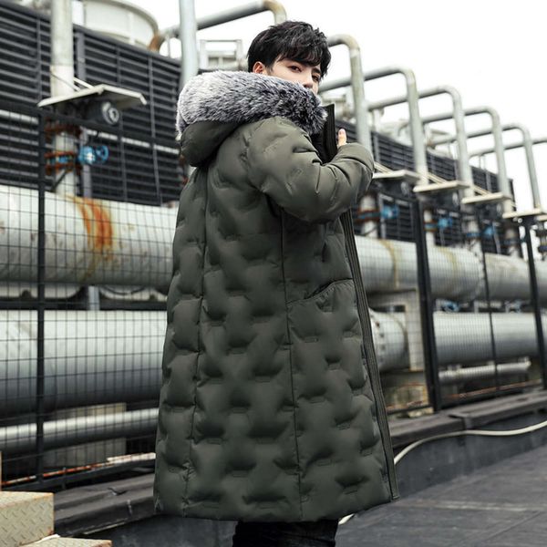 

men's cotton padded winter new mid long hooded raccoon dog big feather collar down cotton padded 2019 embroidery youth winter wearwinte, Black