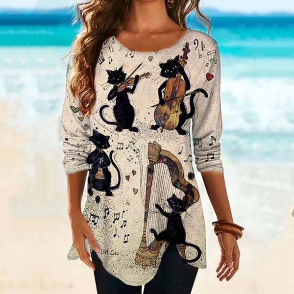 

40.#. vintage t-shirts women's clothing animal cat printing loose long mouwen casual nice shirt camisas de, White