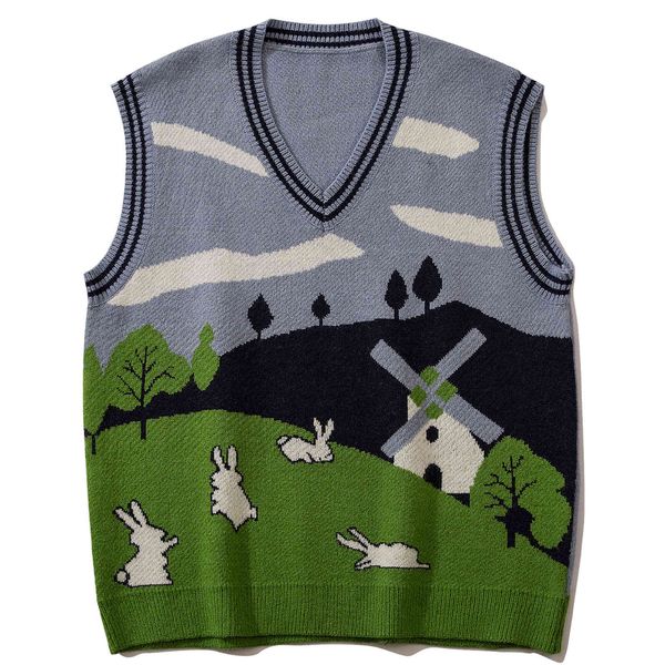 

men's sweaters lacible streetwear harajuku grassland rabbit graphic sleeveless loose sweater vest casual kintted tank pullove, White;black