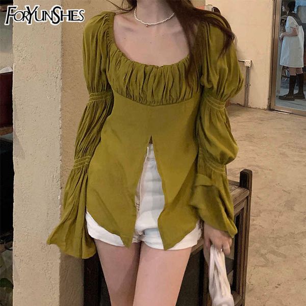 

vintage square collar green split women blouse long flare sleeve princess ruched shirts summer harajuku fairy core y2k 210709, White