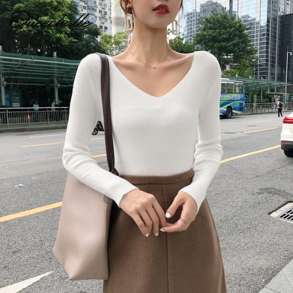 

women's sweaters pullover knit sweater women 2021 spring clothes jumper v neck soft rib knitted autumn knitwear pull femme, White;black
