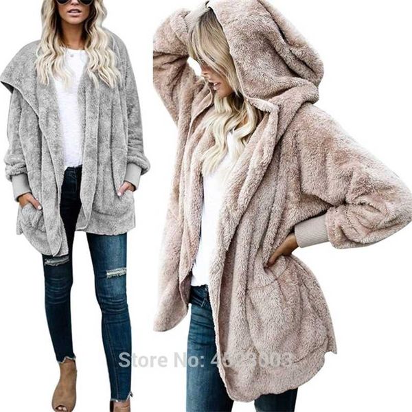 Women Fuzzy Fleece Oversized Open Front Cardigan Hooded Faux Fur Long Sleeve Warm Jacket Outerwear Coat 211130