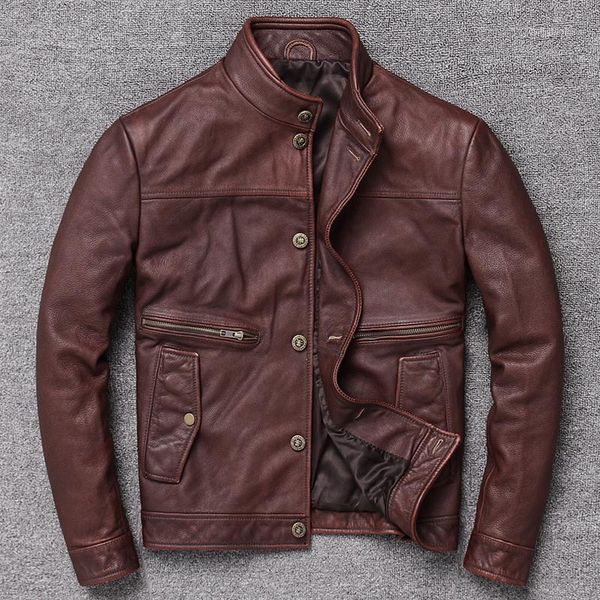 

men's genuine leather jacket cowhide short slim-fit retro distressed motorcycle coat & faux, Black