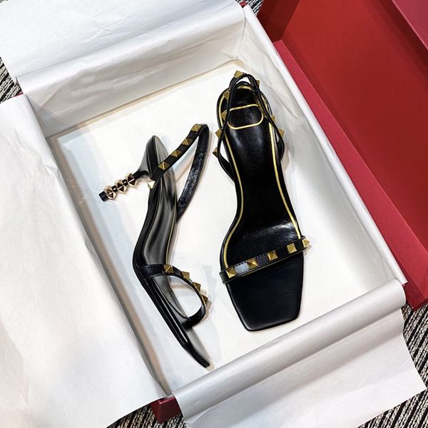 

202 summer one line rivet sandals square head liuding middle leather simple thin roman high heel's sho, Black