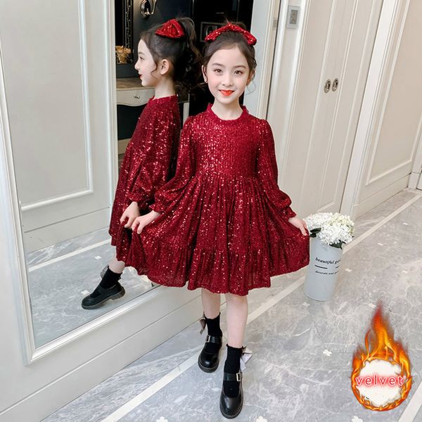 

women's fashionable spring sequin dress winter velvet princess bow hair rope children's clothing, Red;yellow